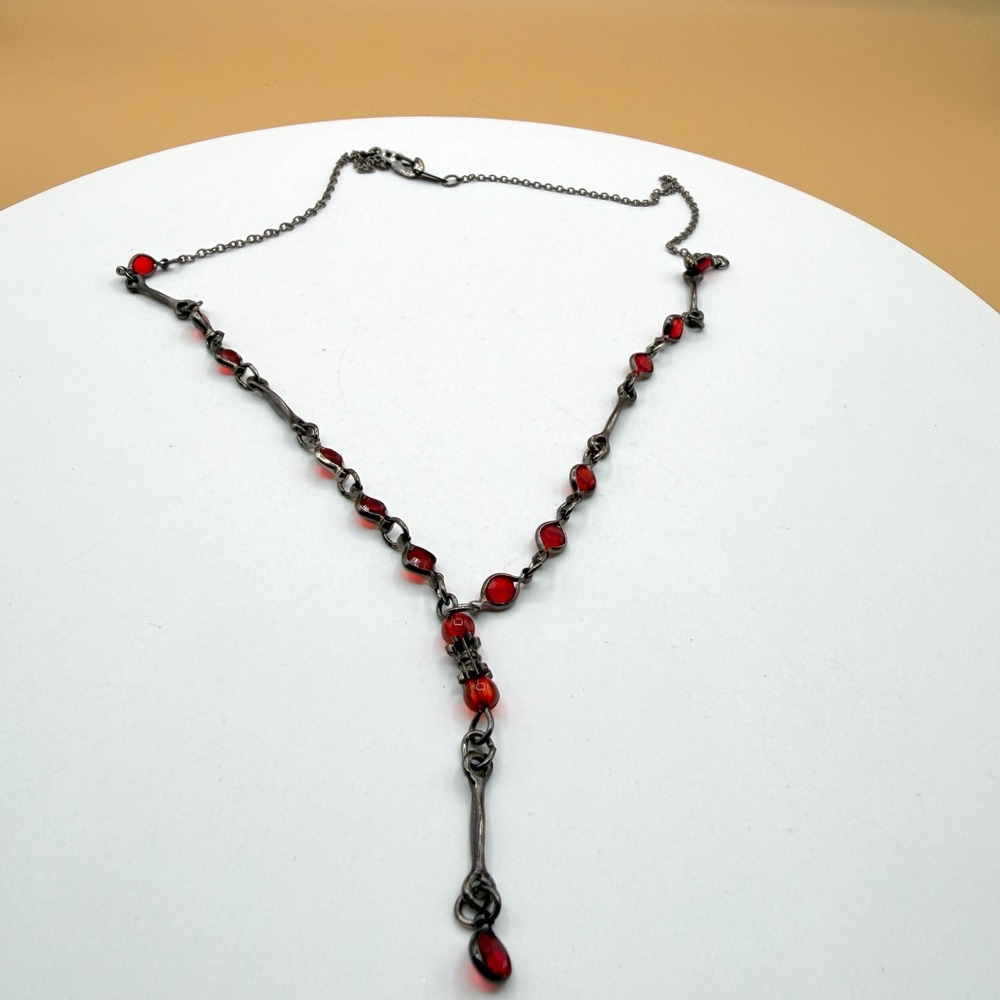 KOREN Red Crystal Y Drop Necklace Gunmetal Tone Gothic Victorian Statement Gift